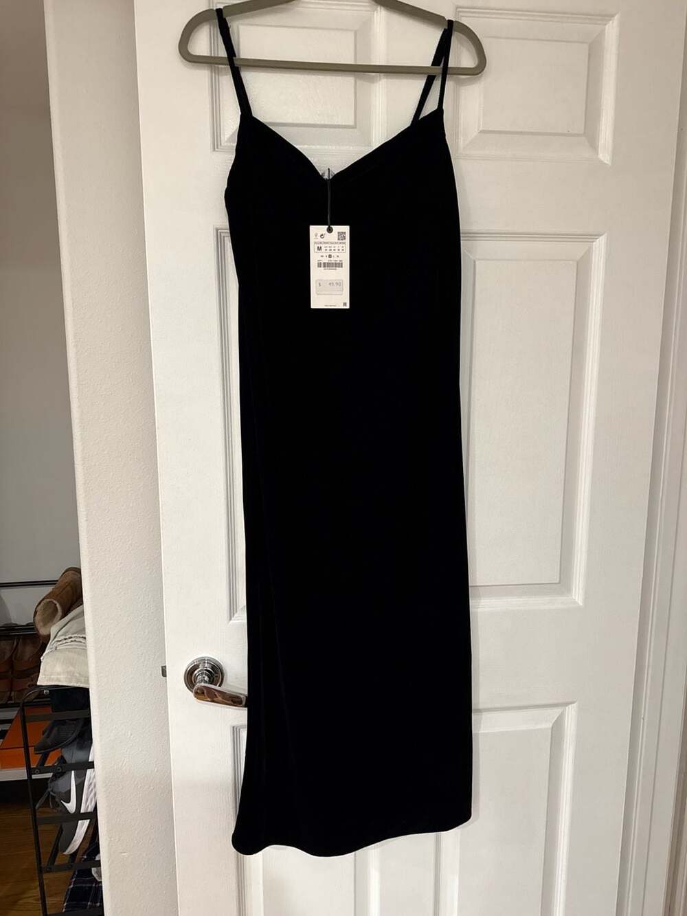 New Zara Black Velvet Camisole Slip Midi Dress, Medium
